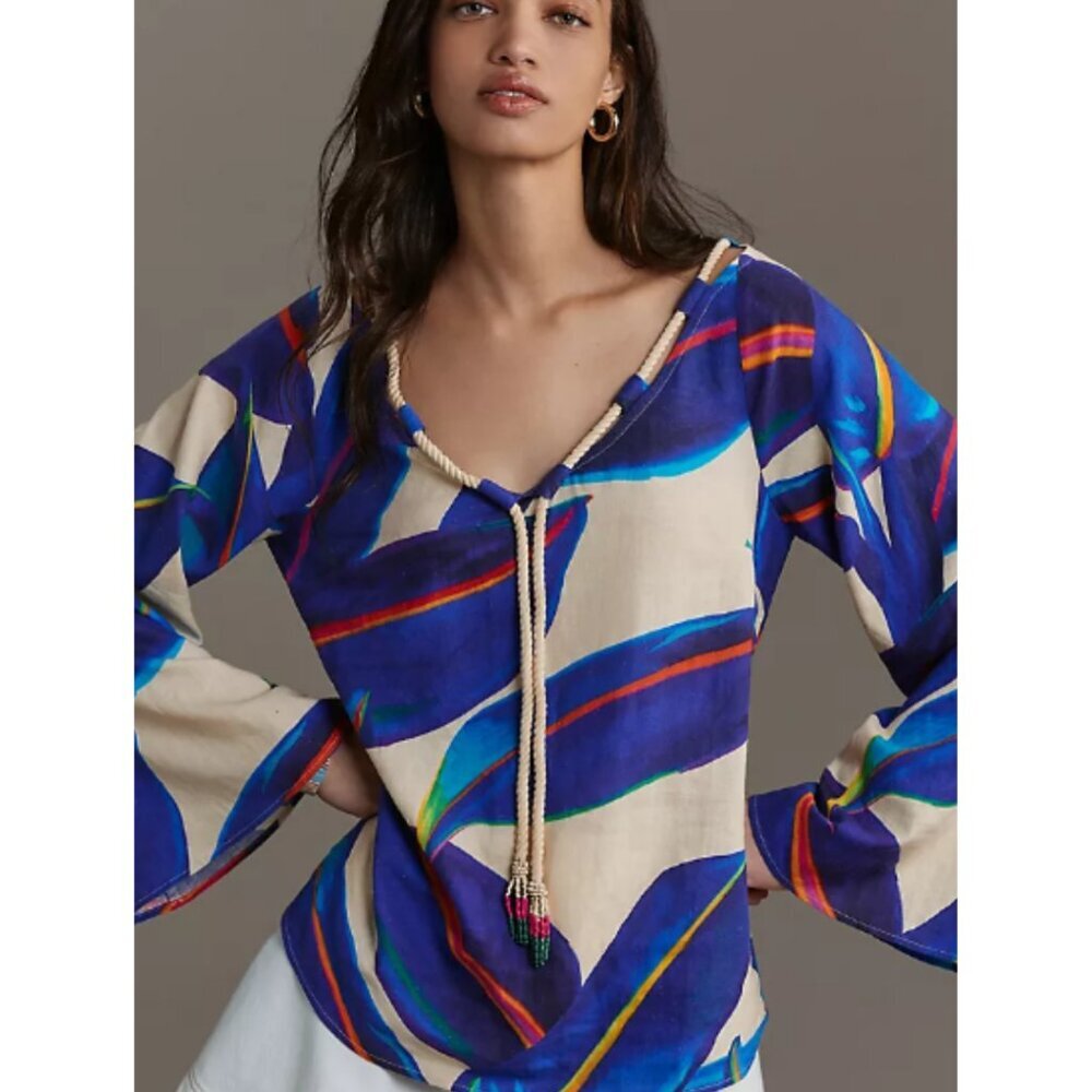 New! Farm Rio Athropologie Long-Sleeve Rope-Tie Linen Blouse Size S 26643